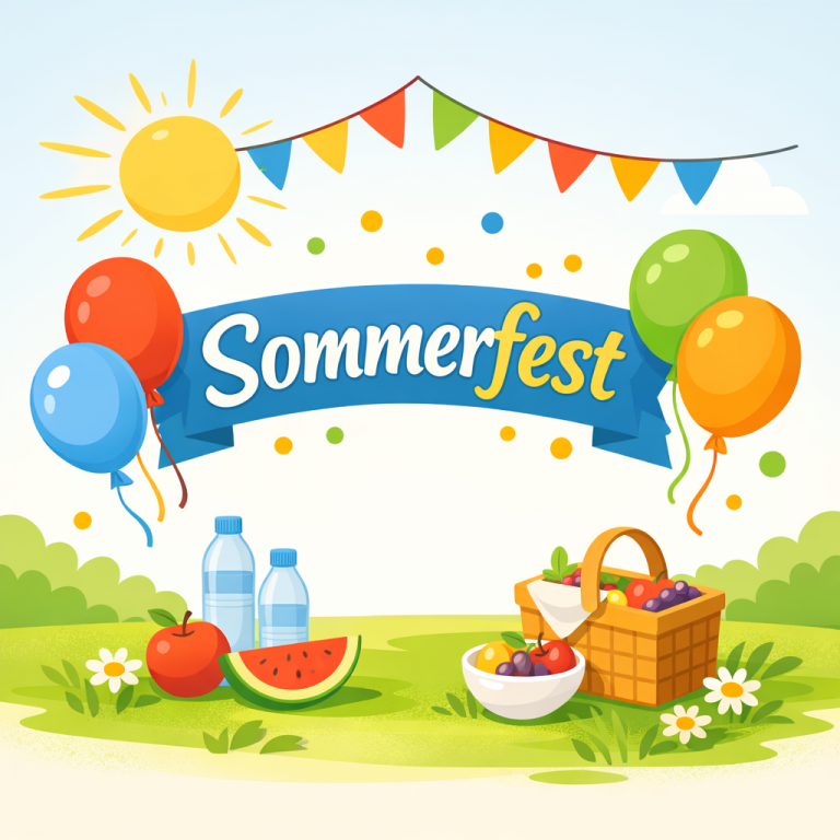 Illustration eines Sommerfests mit bunten Ballons, Wimpeln, Sonne und Picknickkorb auf grüner Wiese